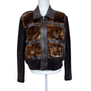 Vintage Lisa International Leather Faux Fur Brown Zippered Sweater Jacket Large